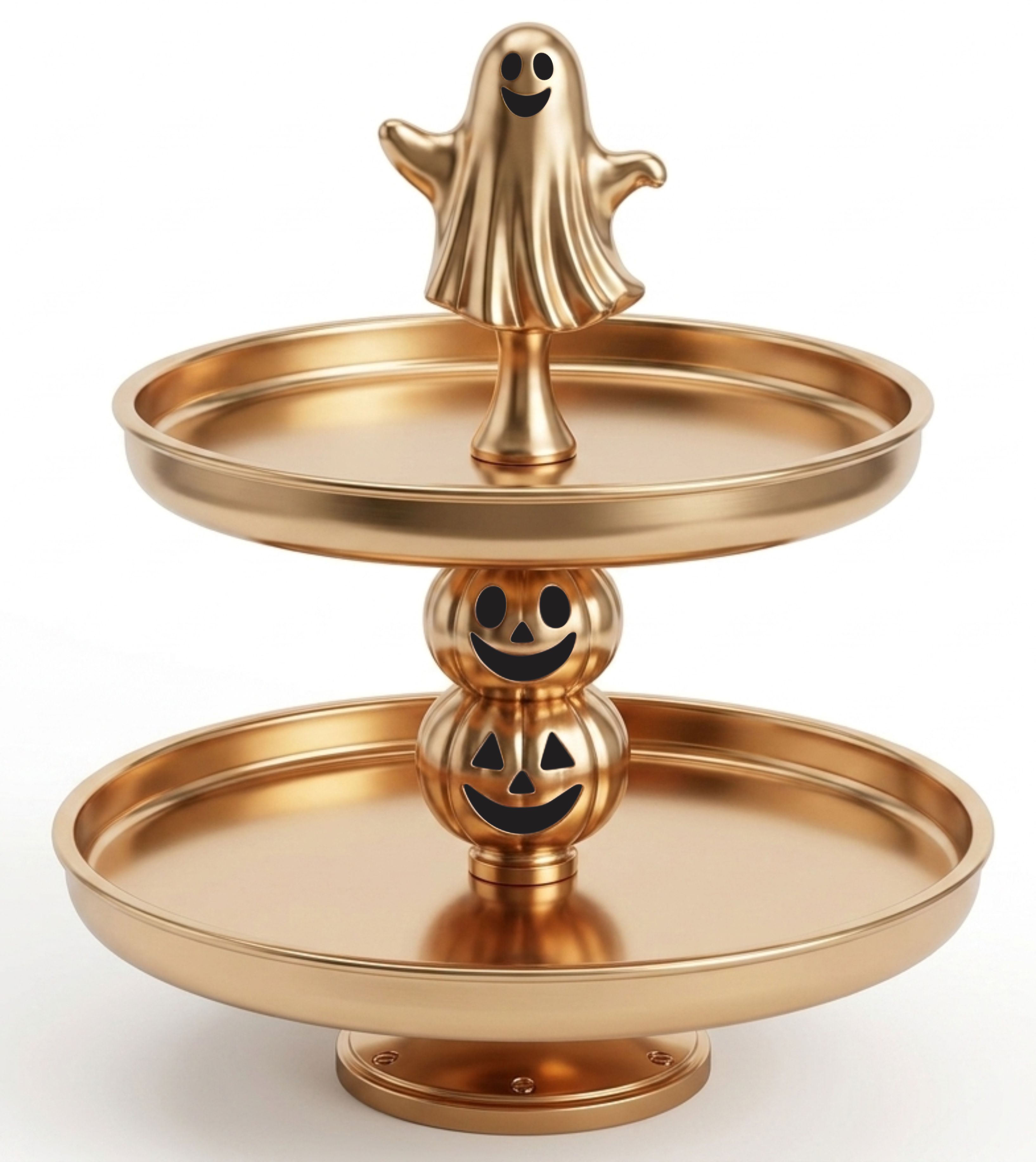 This is a gold-toned Halloween themed 2-tier metal cupcake stand featuring jack-o'-lanterns and a ghost