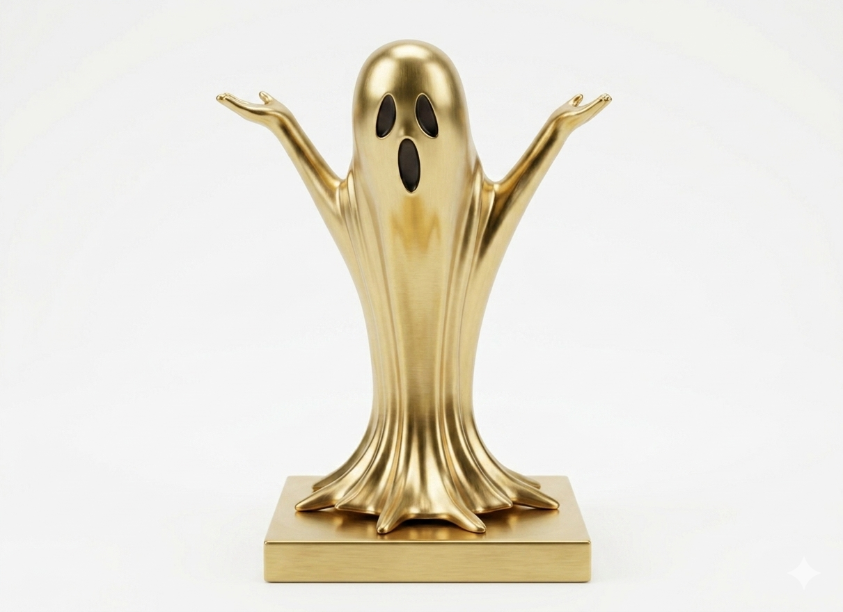 This item is a gold-toned ghost trophy or figurine often used as a humorous award for "ghosting" someone