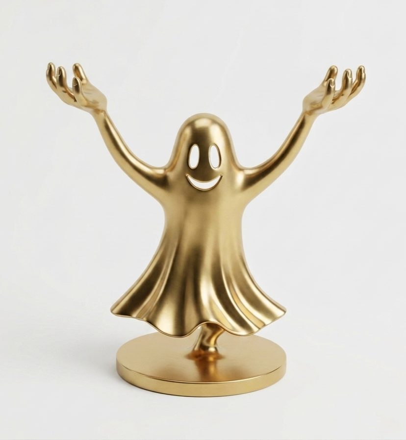 This is a gold-colored ghost figurine designed for Halloween decor