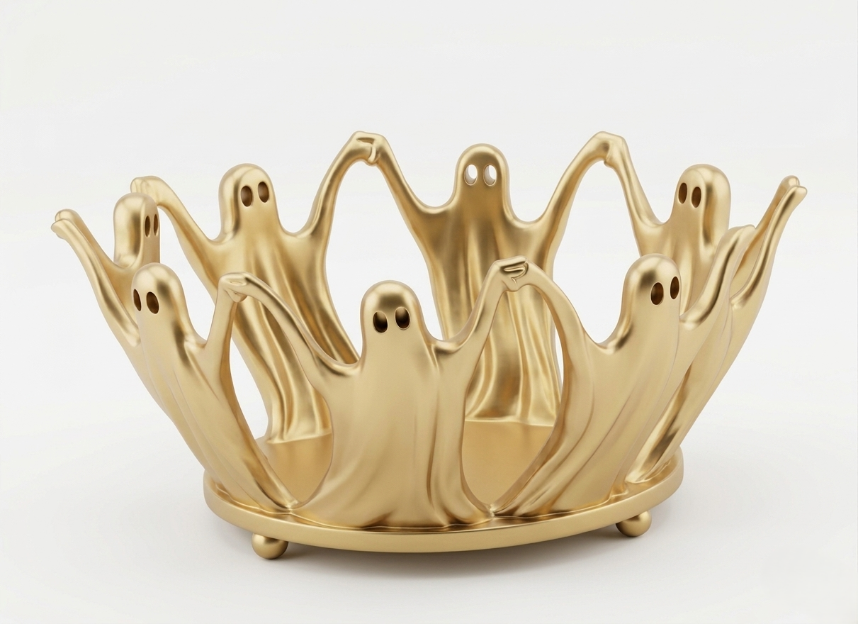 This is a gold-colored decorative bowl featuring interconnected ghost figures