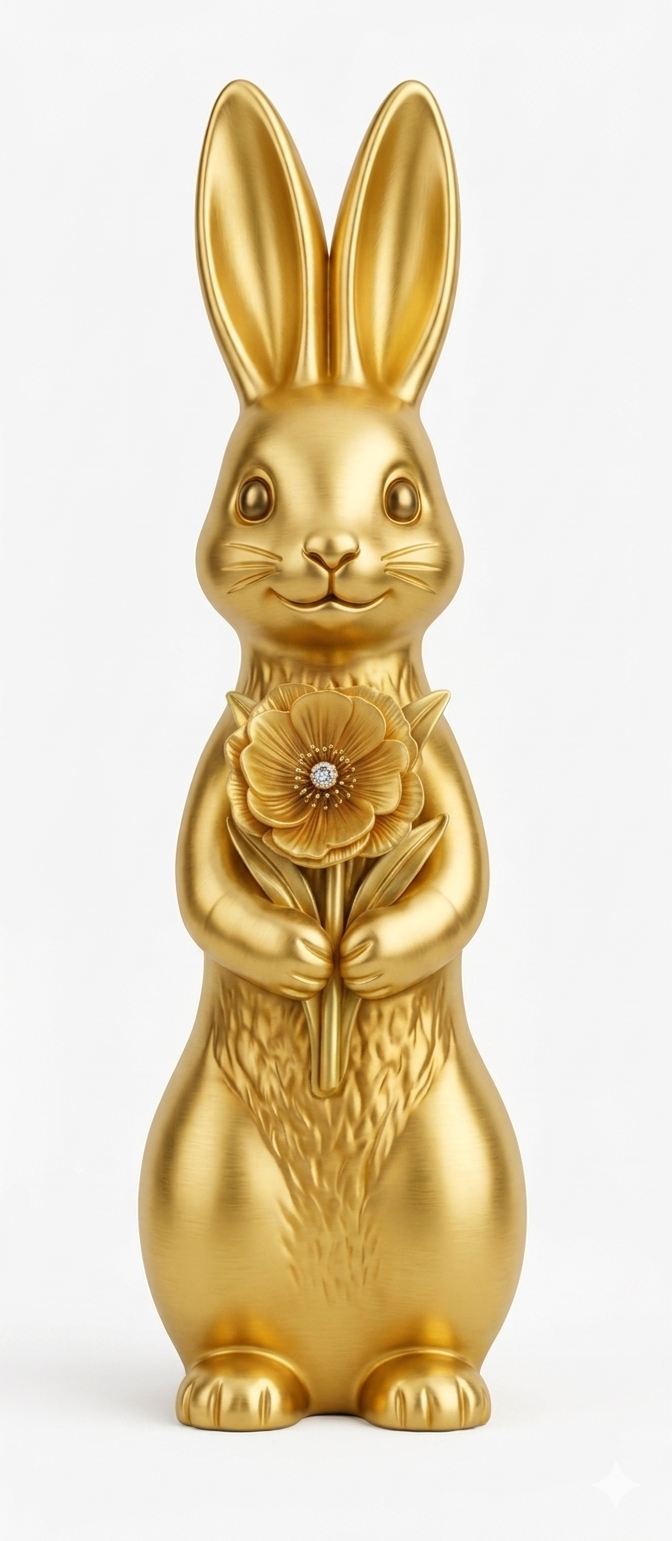 This is a golden rabbit figurine holding a flower, often used for home decor or as a luxury wealth symbo